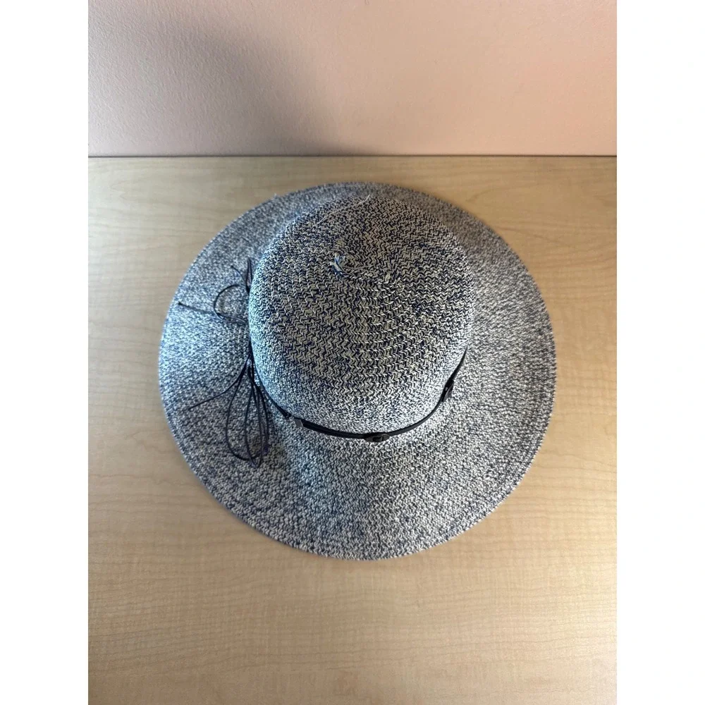 Woven Paper Straw Wide Brim Sun Hat Navy Tan Marled with Wood Bead Band